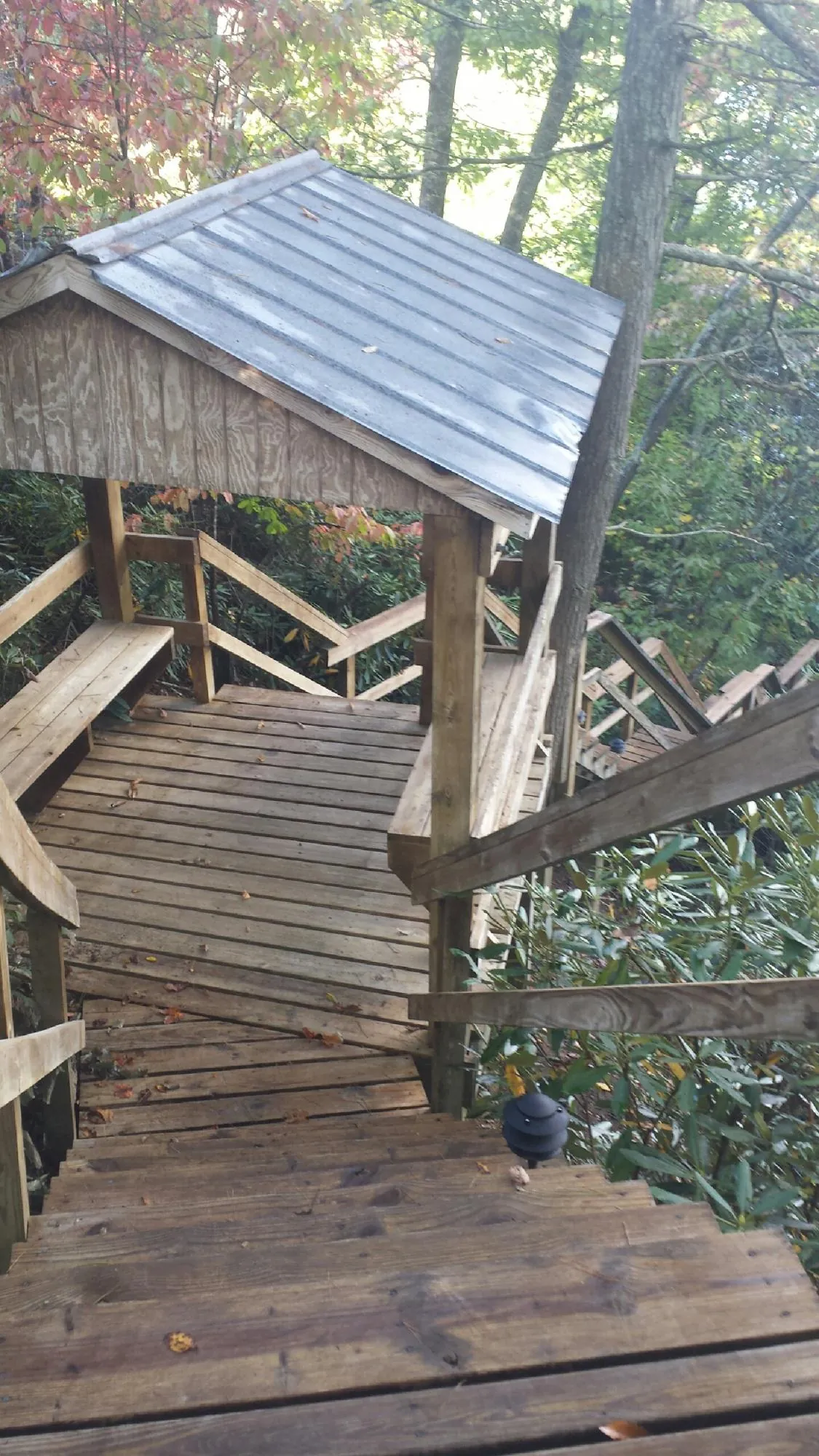Metal roofed shelter over wooden steps on a wooded walkway — Skylight Repair & Installation work by our crew in Midway Park
